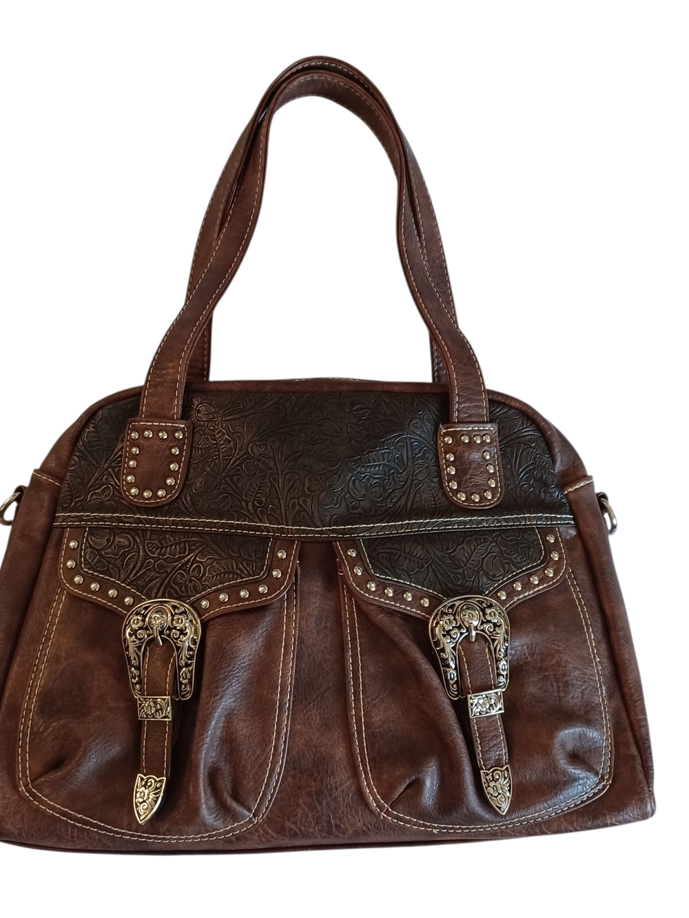 Western Purse Handbag Satchel Faux Leather Brown Large 15x11
